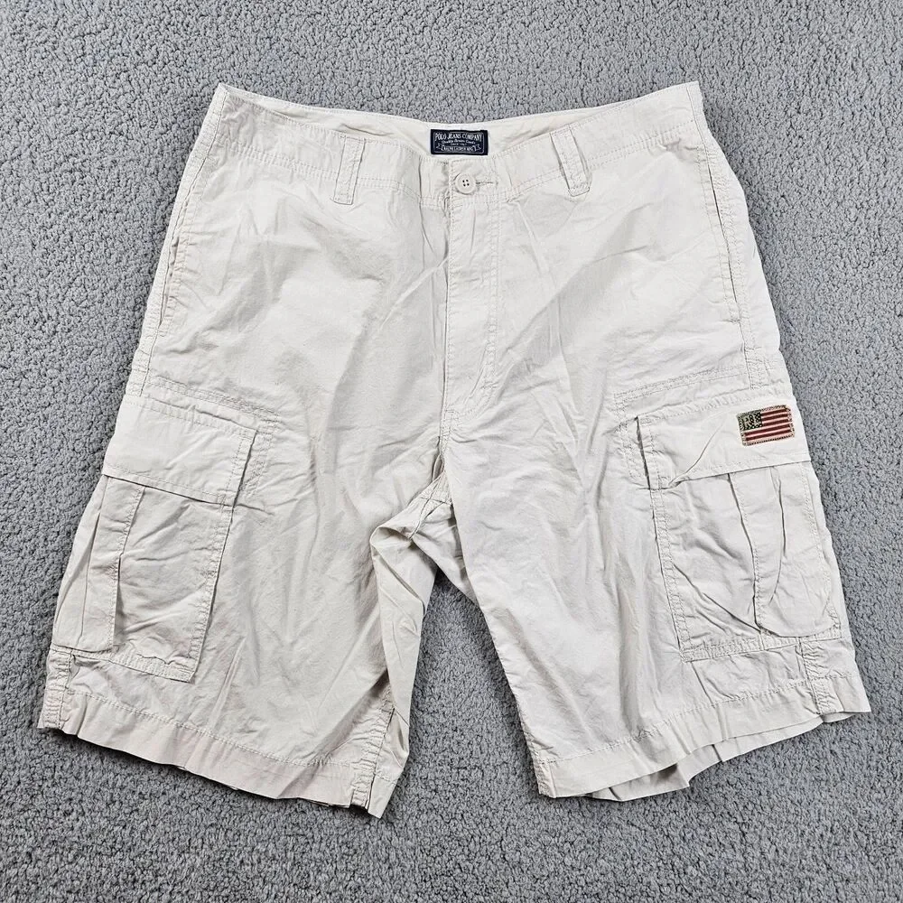 Vintage Polo Jeans Co Short Mens 34 Cream Cargo Military 90s Skater Baggy Casual